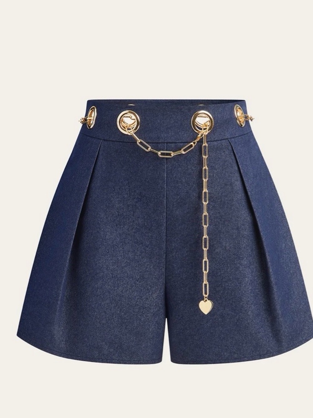 Commense Navy High-Waist Pleated Shorts with Gold Chain Detail